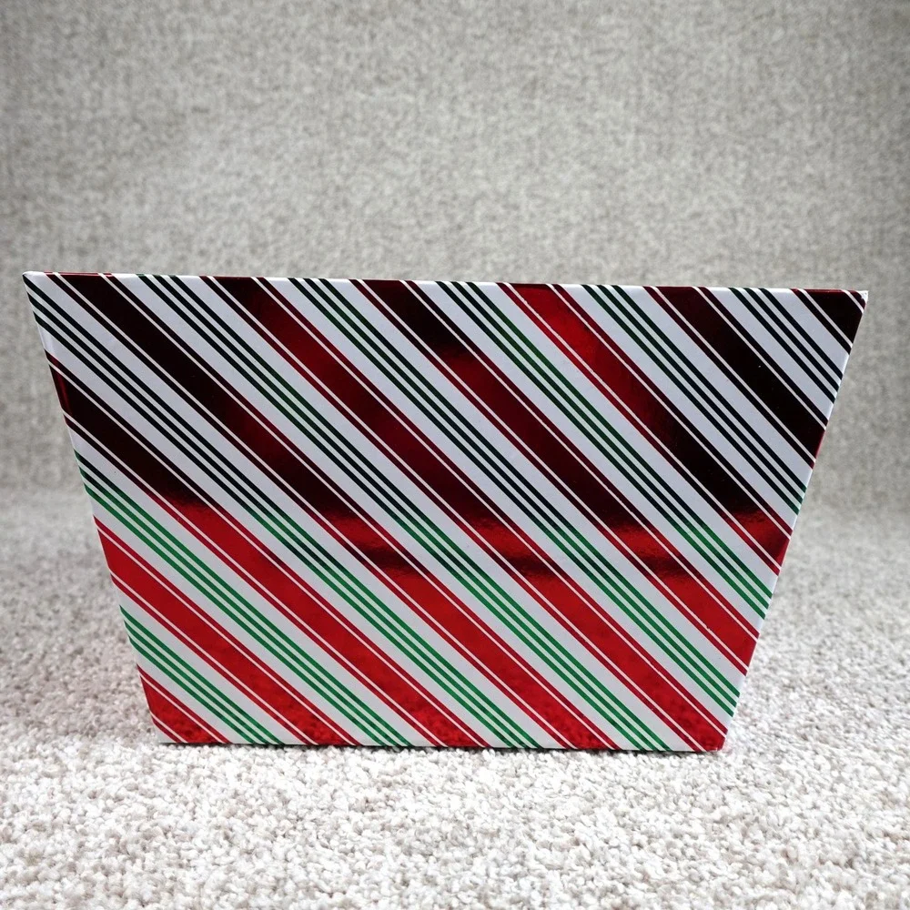Holiday Christmas Candy Cane Striped Storage Bin Red Green White Foil Basket